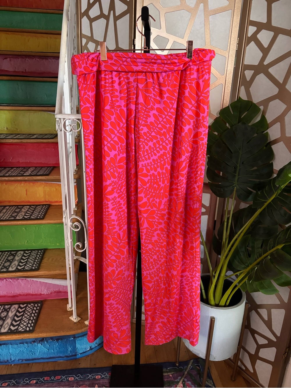 Trina Turk Hot Pink and Coral Wide-Leg Patterned Pants